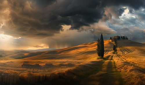 Nuages sombres, collines vertes