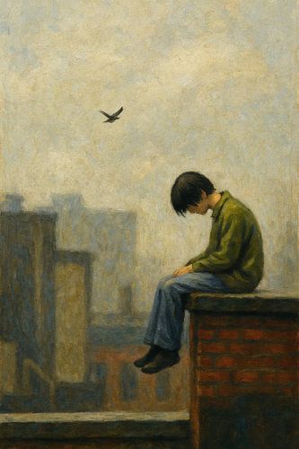 Lonely Boy Sitting on Rooftop Wall in Urban Silence