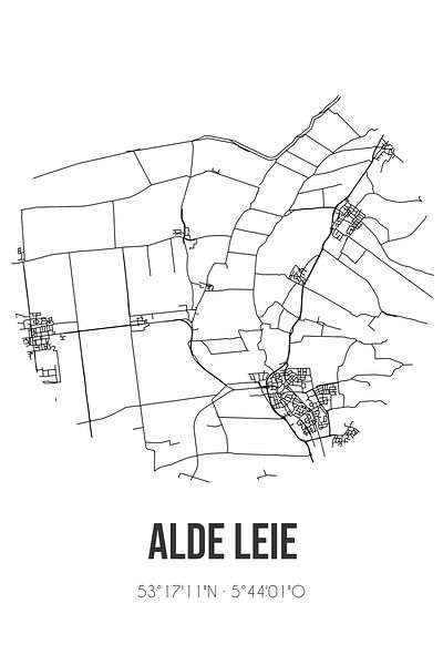 Alde Leie (Fryslan) | Landkaart | Zwart-wit van Stad & Wand