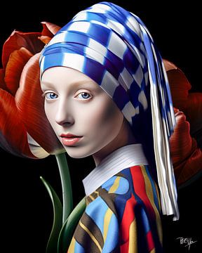 Modern meisje met de parel III Johannes Vermeer tulpen van René van den Berg