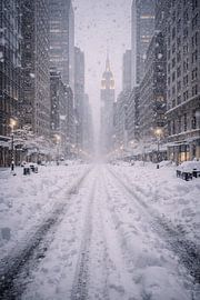 Sneeuwstorm in New York – Winterse stadsstraat met uitzicht op het Empire State Building van Design Wall Arts