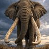 Le géant de la savane – un éléphant africain monumental aux défenses imposantes, photographié depuis un angle bas sous un ciel orageux spectaculaire. sur Design Wall Arts