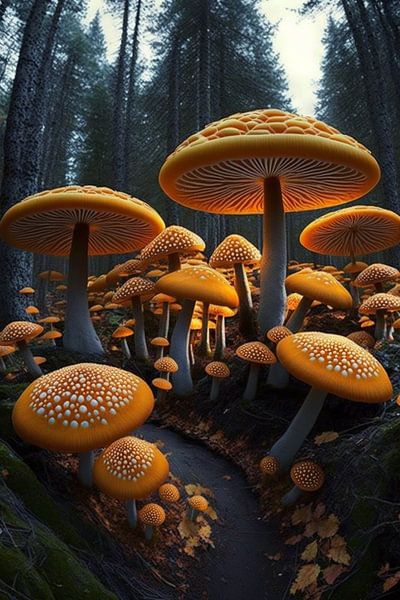 Eine Versammlung von orangefarbenen Pilzen von Vythryd Arts