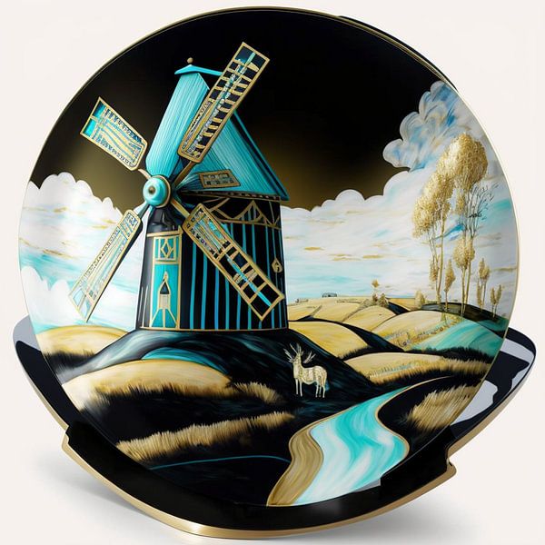 Flämische Windmühle Porzellan Türkis Schwarz weiss surreal von gm_designs