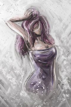 Abstract schilderij vrouw met lila jurk en roze haren van Emiel de Lange