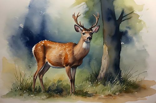 Cerf majestueux dans la lumière colorée de la forêt sur De Muurdecoratie