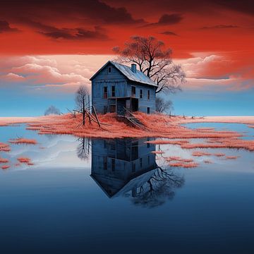 Maison abandonnée sur un horizon rouge sur Art Lovers