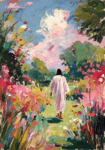 Jezus op het bloemenpad - aquarel