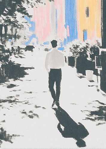 Pastel stadsgezicht met wandelende man