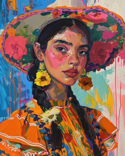 Portrait coloré d'une femme mexicaine avec des fleurs sur Digatelier