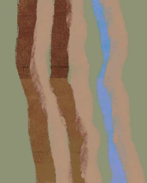 Retro 70s inspired painting with brush strokes stripes in green, neon blue, rusty brown and salmon pink by Dina Dankers