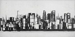 Grafische Skyline in Schwarz-Weiß mit klaren Linien (Radierung-Look)