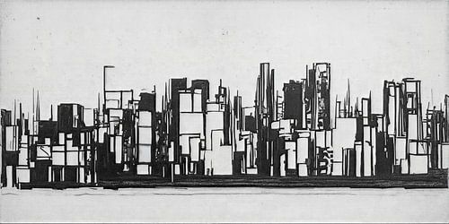 Grafische skyline in zwart-wit met strakke lijnen (Ets look)