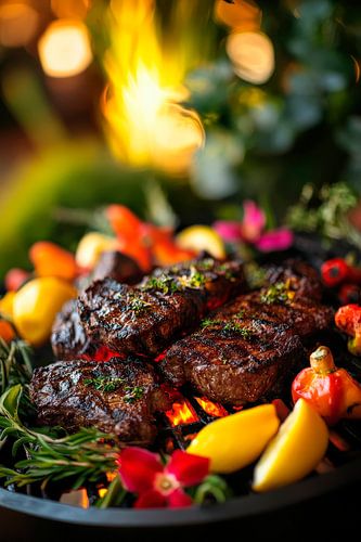 Gegrilde steak met kleurrijke groenten en kruiden