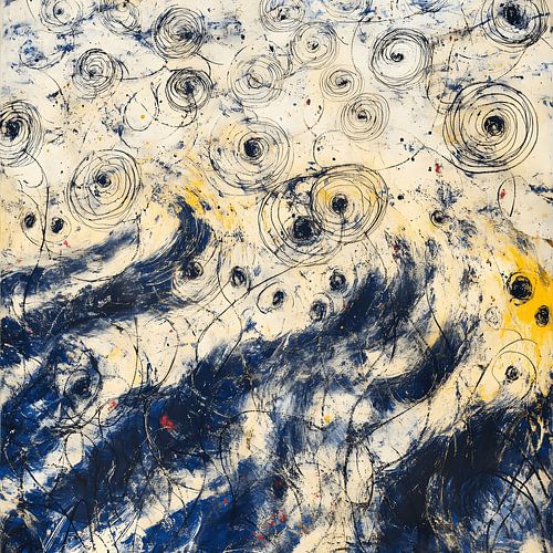 Regendruppels op een meer in de stijl van Juan Miró en Wassily Kandinsky