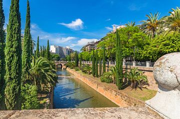 Public park wit water canal stream at city center of Palma de Majorca by Alex Winter