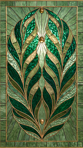 Smaragdgroen Art Deco Glas-in-Lood Schilderij: Twee Bladeren in Liefde