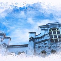 Jugendstill house in blue in Prague, watercolour