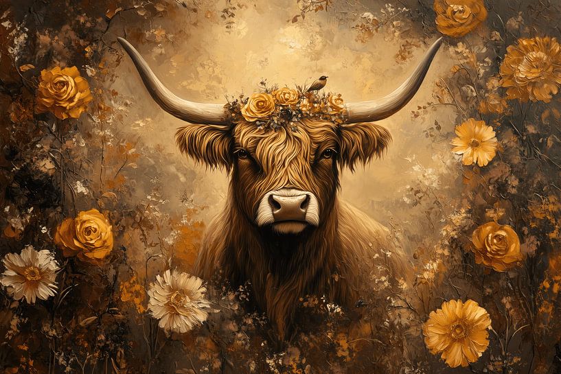 Schotse Hooglander met Bloemenkroon Tijdloze Elegantie van Eva Lee