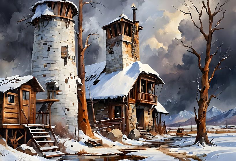 bâtiment mystérieux en forme de tour dans le Far West, steampunk par Nick Wendt