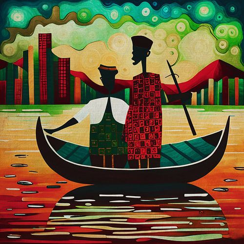 Afrikaanse vissers kijken verbaasd naar de stad