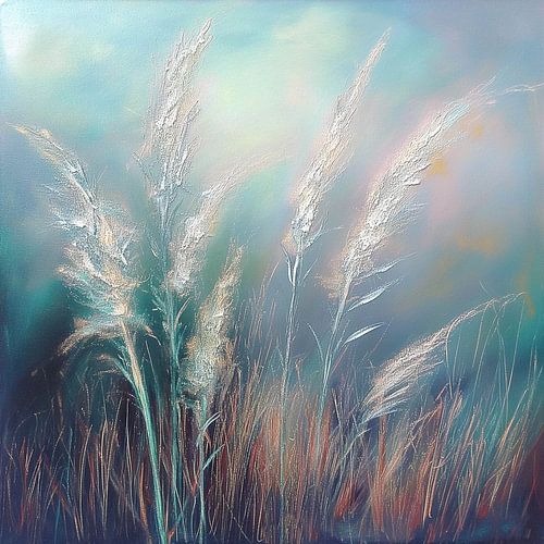 Soleil argenté sur un pré bleu-vert