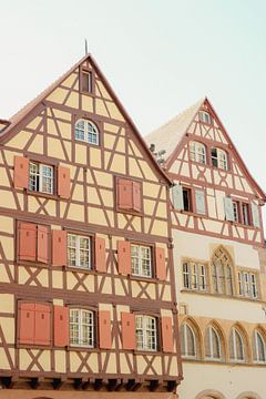 Kleurrijke vakwerkhuizen in oranje en roos in Colmar, Alsace regio Frankrijk van Anke Sol