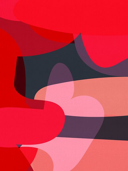 Organisch abstract in neonrood, koraal, roze en violet van Abstract Minimalist Art