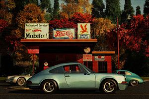 Porsche 911 en Porsche 356 plus Porsche 550 voor een benzinestation van Jan Keteleer