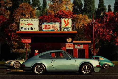 Porsche 911and Porsche 356 plus Porsche 550 in front of a gas station by Jan Keteleer