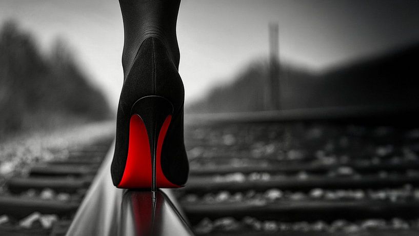 Stylish black and white photo with red heel - elegant wall decoration full of contrast by Retinas images