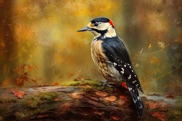 Bonte Specht in de Herfst – Vogelschilderij met Warme Oranje Achtergrond van Joriali fotografie en schilderijen