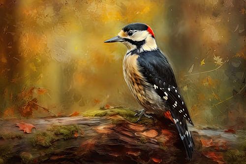 Bonte Specht in de Herfst – Vogelschilderij met Warme Oranje Achtergrond