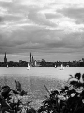 Hamburg Außenalster Segelboote Elbphilharmonie - Wasser Natur Schwarz Weiß von Der HanseArt