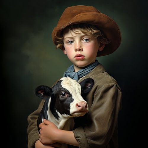 Portret boeren jongen met kalfje 2