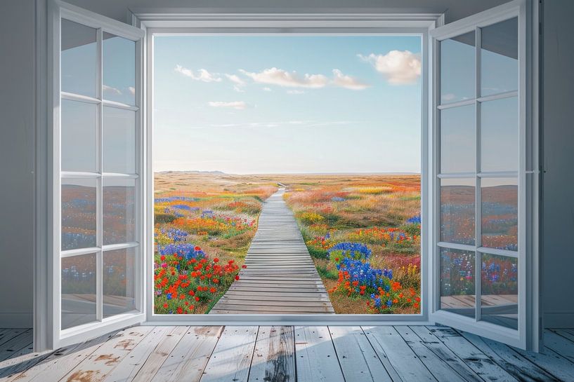 Fenster zur Blumenwiese von Poster Art Shop
