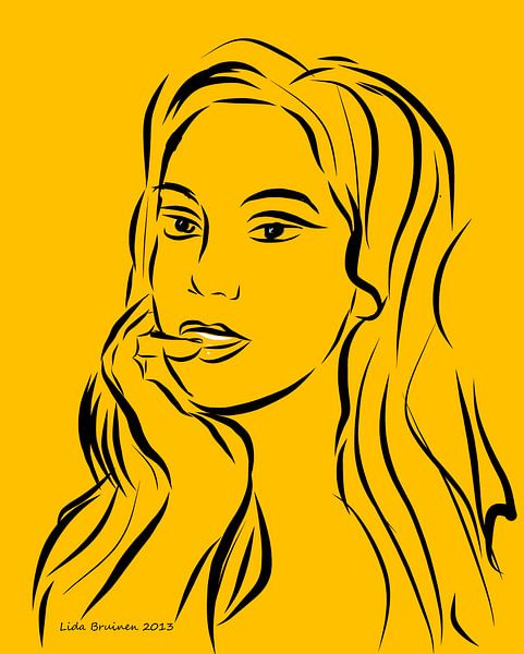 Portret van een vrouw op gele achtergrond van Lida Bruinen