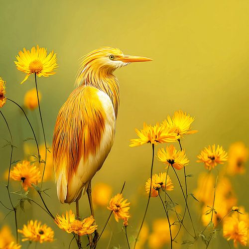 Golden Heron among Gold Flowers | Summer Serenade