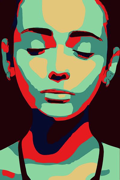 Minimalist women face, closed eyes, zen, in pop art by The Art Kroep