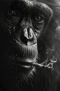 Expressief zwart-wit portret van een rokende aap van Felix Brönnimann
