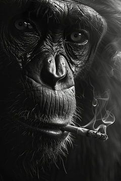 Expressive black and white portrait of a smoking monkey by Felix Brönnimann