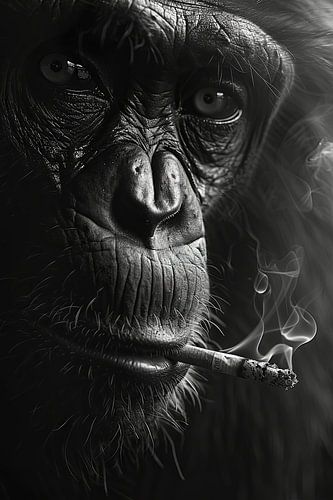 Portrait expressif en noir et blanc d'un singe fumeur