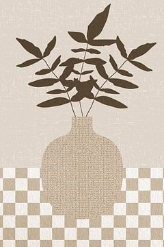Minimalistisches Retro-Stillleben mit Blättern in einer Vase. Beige, braun, weiß mit Schachbrettmust von Dina Dankers