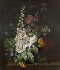 Stokrozen en andere bloemen in een vaas, Jan van Huysum