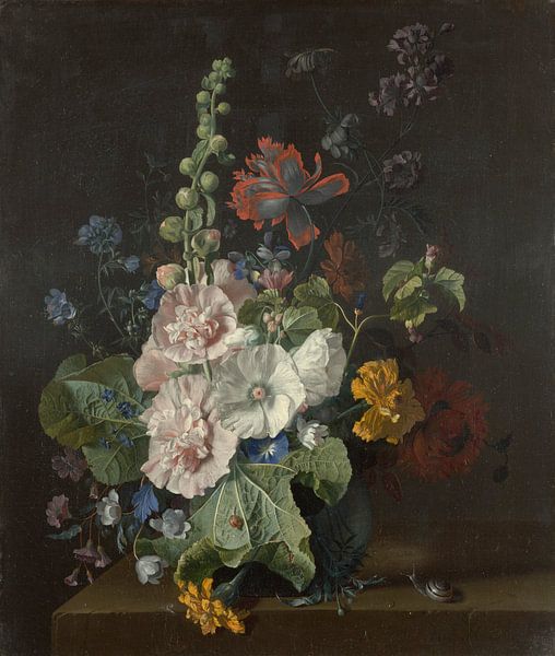 Roses trémières et autres fleurs dans un vase, Jan van Huysum par Des maîtres magistraux