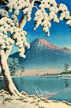 Blick auf den Fuji bei Schneefall, Hasui Kawase