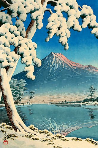 Blick auf den Fuji bei Schneefall, Hasui Kawase