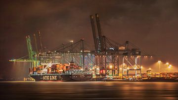 Verlichte container lossen schip met reusachtige kranen, Antwerpen van Tony Vingerhoets