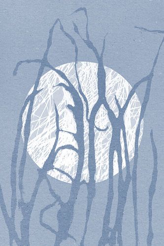 Ikigai.  Blauw gras en maan. Abstracte minimalistische Zen kunst. Japandi stijl VI