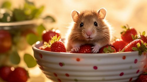 Hamster in een schaal met aardbeien